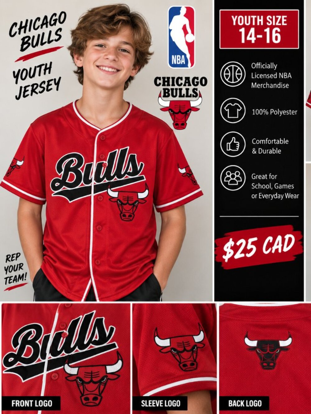 Chicago Bulls NBA Youth Baseball Jersey – Size 14-16